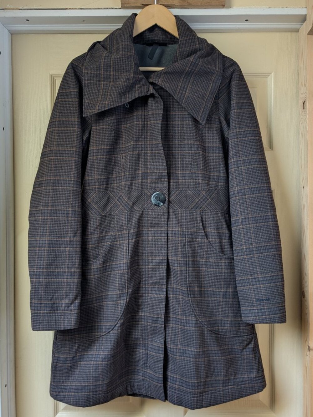 Patagonia Darya Trench Jacket Small Brown Plaid Long Fleece Lined Pea Coat Parka